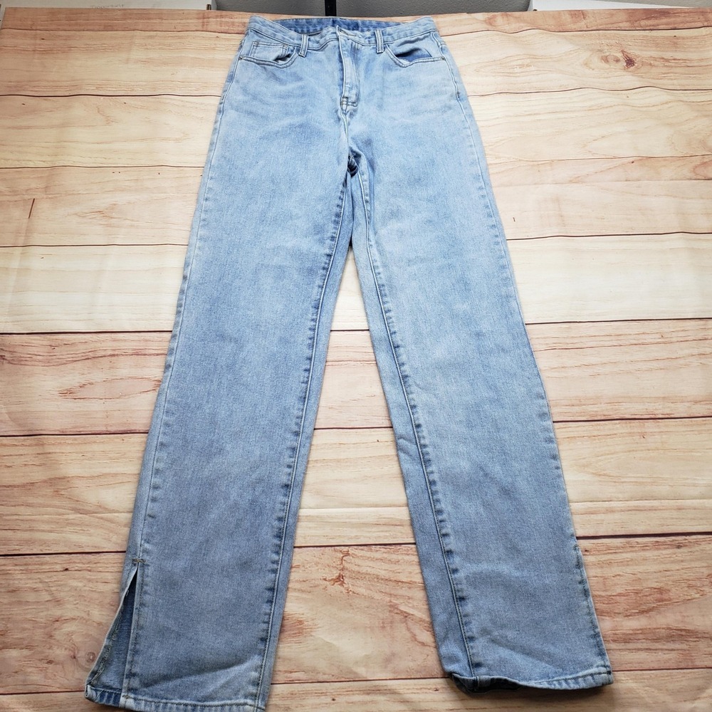 Womens Jeans 27x33 Blue Light Wash Straight Relaxed Denim High Rise‎ Slit Ladies